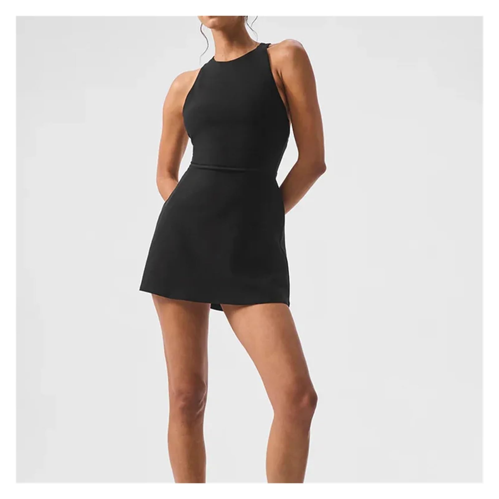 Sportkleid Anti Glare Integrierte Tennis Sport Outdoor Yoga Kleidung Nackt Hals Tennis Rock Abnehmbare(Black,XL)