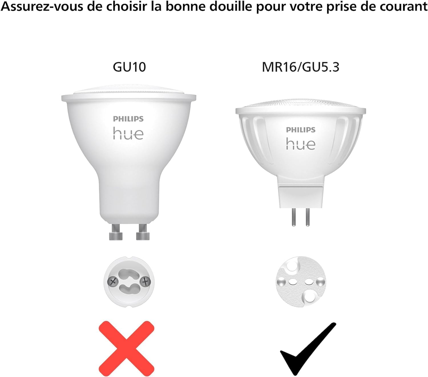 Philips Hue White and Color Ambiance, ampoule connectée MR16, compatible Bluetooth, lot de 2, fonctionne avec Alexa, Google Assistant et Apple Homekit