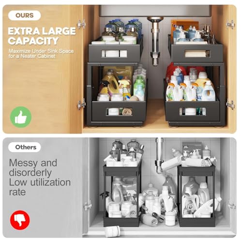 Image of 2 Packs 21IN Depth Under Sink Organizer, 2-Tier Pull Out Cabinet Organizer With Smooth Circular Rail, Large Capacity Metal Mesh Sliding Drawers For Bathroom& Kitchen Storage,Height Adjustable-Black