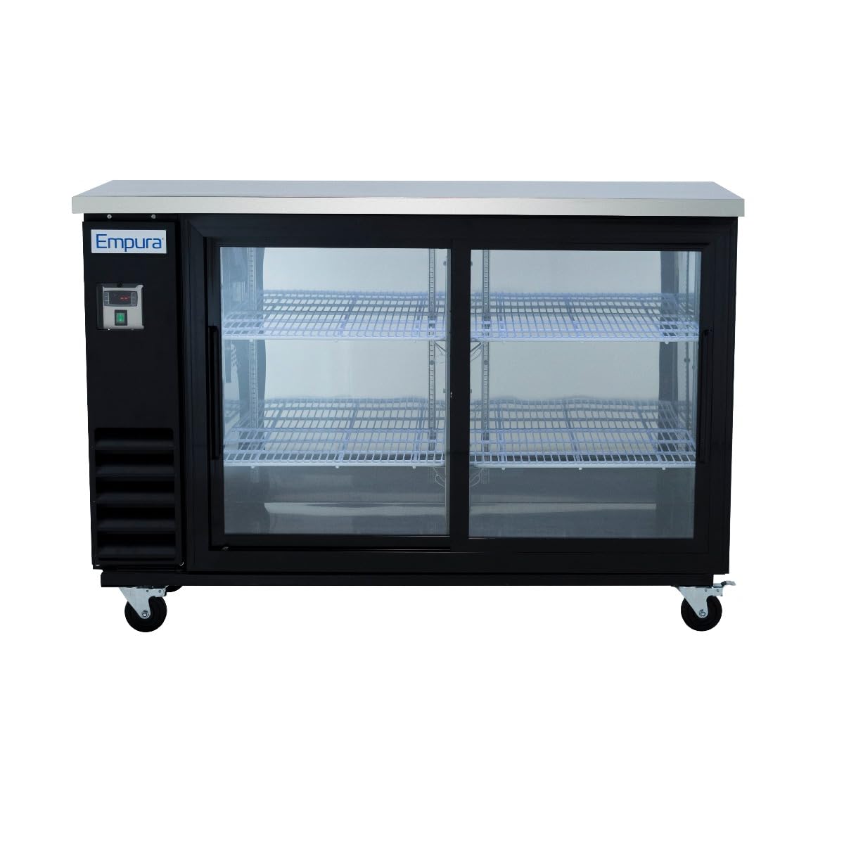 Empura 61" Back Bar Cooler Cabinet with 2 Sliding Glass Doors | Commercial Refrigerator Fridge Beer Soda | 324 12-oz Bottles Capacity, 61.1”W x 24.4”D x 41.7”H, Stainless Steel Countertop, Black, 115v