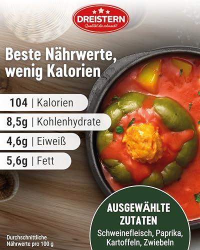 DREISTERN Paprikaschote 400g I Mit würziger Fleischfüllung in Sauce I Herzhaftes Fertiggericht in Mikrowellenschale I Lange Haltbarkeit dank natürlicher Konservierung I Hausmacher Qualität