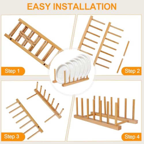Image of CURATED CART Wooden Plate Organiser for Kitchen | Plate Stand Rack for Decor | Cabinet Plate Holder | 8 Adjustable Slots for Plates, Cup, Bowl & Dish Storage | Bamboo Wood c | Pack of 2