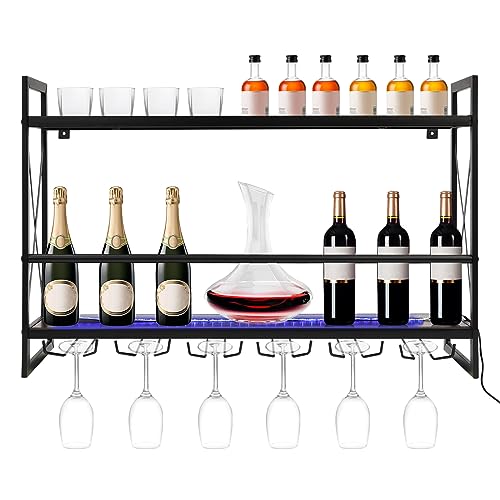 Wall Mount Wine Rack with LED Lights & Remote, 2-Tiers 6 Glass Bottle Holder Wine Shelves for Home Bar Dining Room Kitchen Wall Wine Storage Display, 31.5in Industrial Metal Hanging Wine Rack