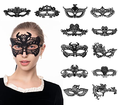 VKI® 12 pièces Constellation Dentelle Masque Vénitien Femme, Masque Bal Masqué, Masque Carnaval Venise, Masque Deguisement Adulte, Noir