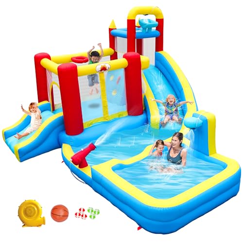 WELLFUNTIME Inflatable Water Double Slides Park with Blower, Bouncy Castle with Deep Pool, Climbing...