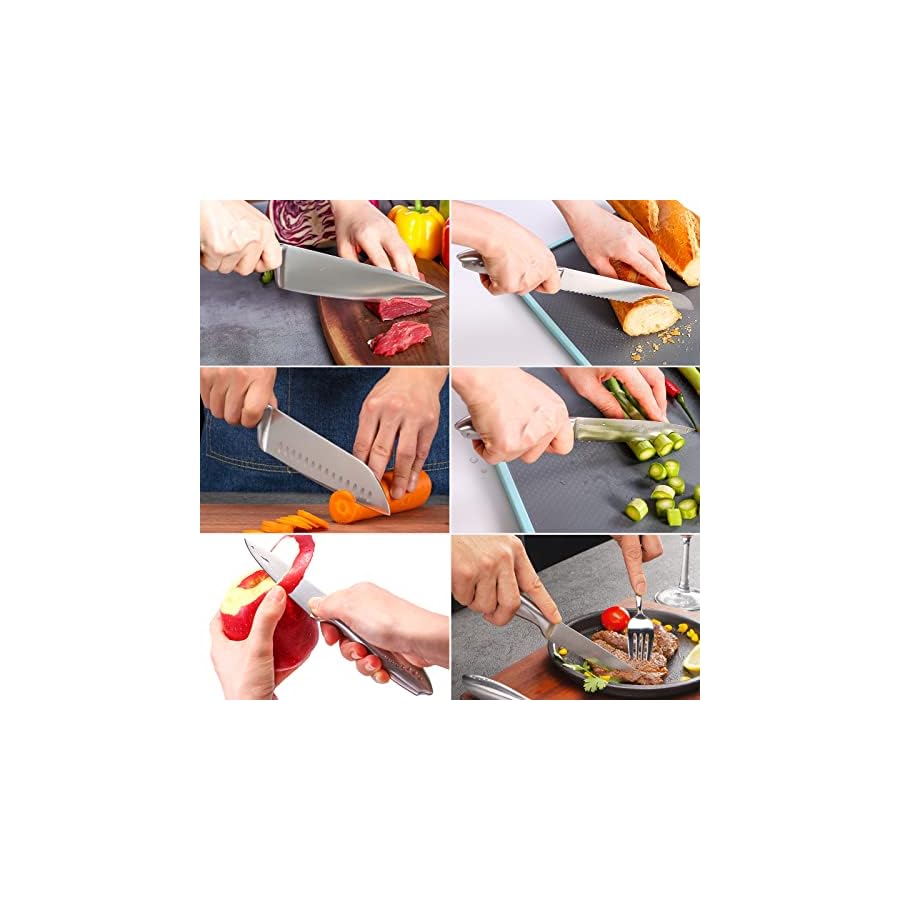 WELLSTAR Knife Set, Super Sharp German Stainless Steel Kitchen Knives Set with Wooden Block, Durable All Stainless Steel Handle, Chef’s Knife Block Set 14-Piece with Scissors and Built-in Sharpener