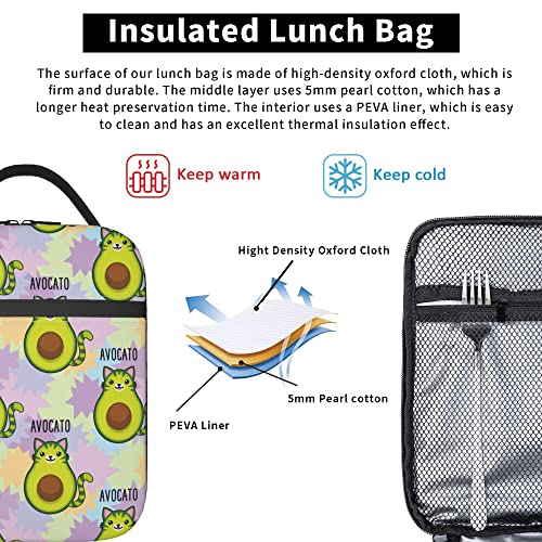 Fuabjpoi Cute Cartoon Avocado Cat Insulated Lunch Bag - Reusable Lunch Box - Portable Lunch Tote For Women Men And Kids #TOP4