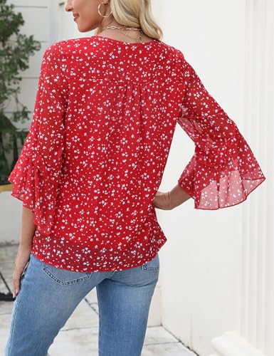 CiCiBird Women Chiffon Floral Blouse 3/4 Ruffle Sleeve Crew Neck Pleated Front Tops Dressy Casual Shirts2