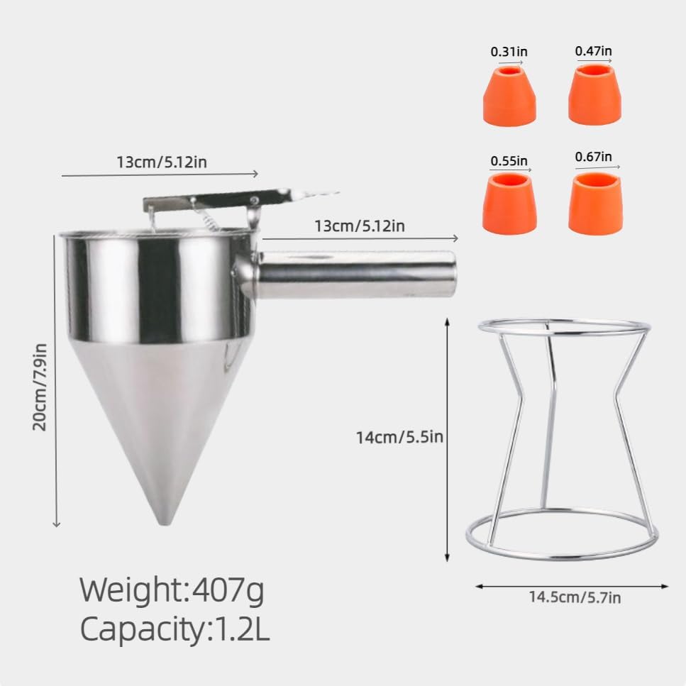Miniatura 2 de Dispensador de masa para panqueques, dispensador de pasteles de embudo de acero inoxidable de varios calibres con soporte, dispensador de masa de