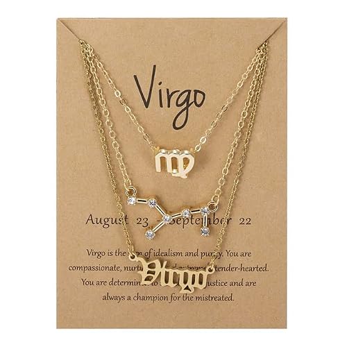 Wszjln Women's Gold Virgo 3 Pcs/Set Cardboard Star Zodiac Sign Pendant 12 Constellation Charm Necklace Aries Cancer Leo Scorpio Necklace Jewelry