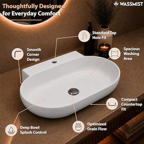 Image of WASSMIST Wash Basin | Table Top WashBasin for Bathroom with 10 Year Glaze Warranty | Premium Ceramic Basin with Thin Rim (22.5 X 15.5 X 5.31 inch)