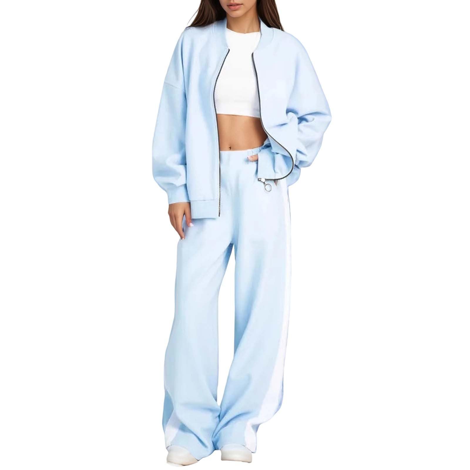 Generico Giacca Donna Scollo Tondo Felpa Pantaloni Dritti Moderno Confortevole Capospalla Giubbino Casual (Blu, M)