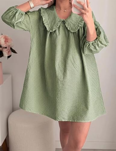 Image of Ynhonra Women's Gingham Mini Dress 3 /4 Puff Sleeve Babydoll Doll Collar