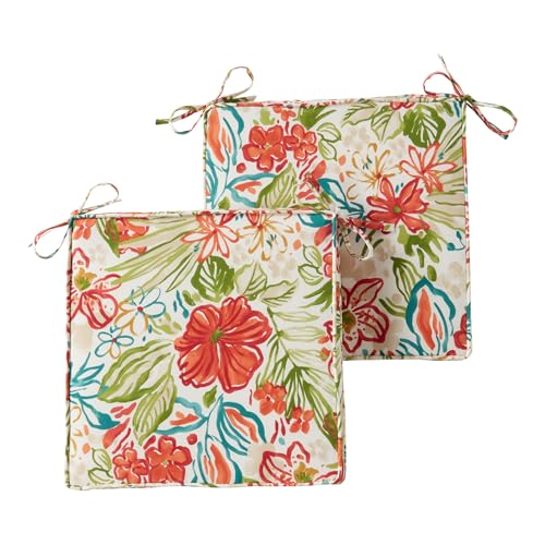 Outdoor 18 inch Square Patio Dining Chair Pads – Comfortable Fiber-Filled Seat Cushions with Ties, Reversible Polyester Fabric - Breeze Floral, Set of 2