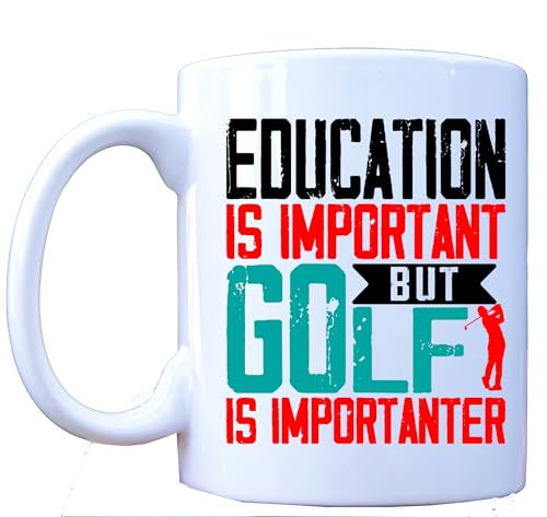 MILLHOUSE PRINTS Education is Important But Golf is Importanter Mug, Funny Golfer Coffee Cup, 11oz White Ceramic Sports Mug with Funny Quote