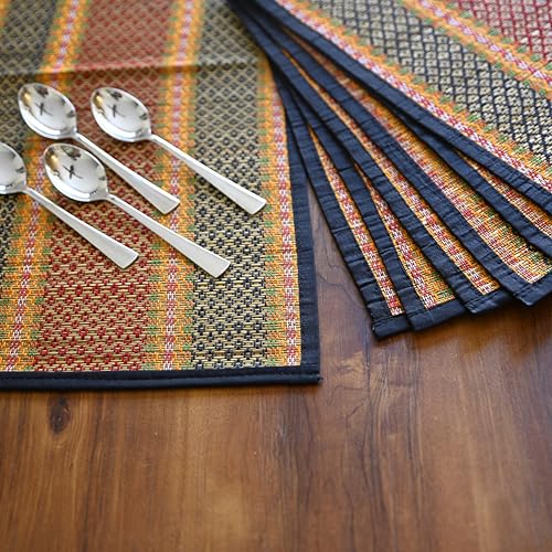 Image of Handmade River Grass Dining Table Mats Set of 6 Pieces & Runner | Heat Resistant Korai Grass Dining Mats | Natural Eco Friendly Madurkathi Placemats | Vibrant Black Tablemats