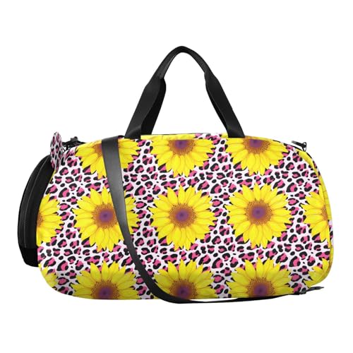 Sunflower Leopard Pink Kids Travel Duffel Bag for Boys Girls Overnight Weekend Tote Bag with Shoes Compartment for Beach Swim Trip2