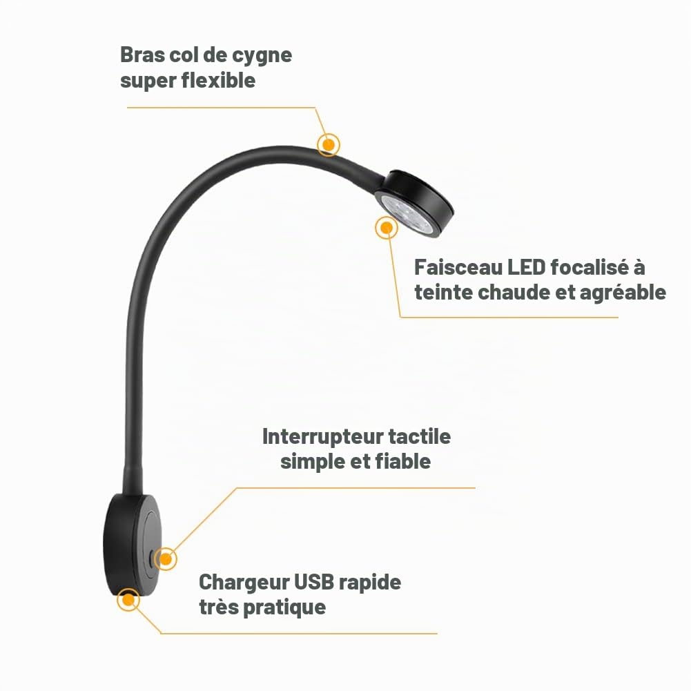 acegoo Lampe de Lecture LED 12V Camping-Car Lit Murale Chevet, Col de Cygne Flexible Dimmable DC 24V avec Interrupteur Variateur et Chargeur USB pour Bateau Cabine Camion Van Caravane (Noir)