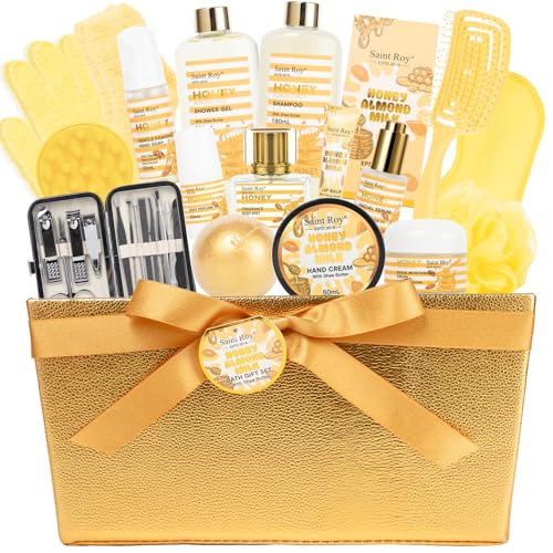 Image of 34Pcs Spa Gift Set for Women Men, Honey Almond Milk Bath & Body Gift Basket | Face Skin Care Kit, Home Spa Self Care Kit, Self-Care Gift, Pamper Kit Birthday, Christmas, Mother Day, Anniversary, Husband