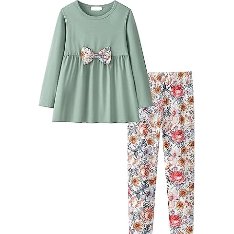 Yekaty Girls Outfits Kids Soft 2 Pcs Clothes Set Green Crewneck Tops With Bowknot Floral Loose High Waist Leggings Sets Cover