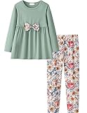 Yekaty Kids Clothes Set Girls Floral Crewneck Outfits 2 Pcs Long Sleeve Green Tops Floral Loose High Waist Pants Sets