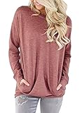 HOTAPEI Women Casual Long Sleeve Round Neck Sweatshirt Loose Shirts Womens Tunics Blouses Tops Red Large