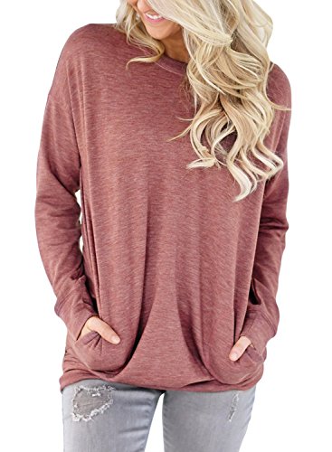HOTAPEI Women Casual Long Sleeve Round Neck Sweatshirt Loose Shirts Womens Tunics Blouses Tops Red Large