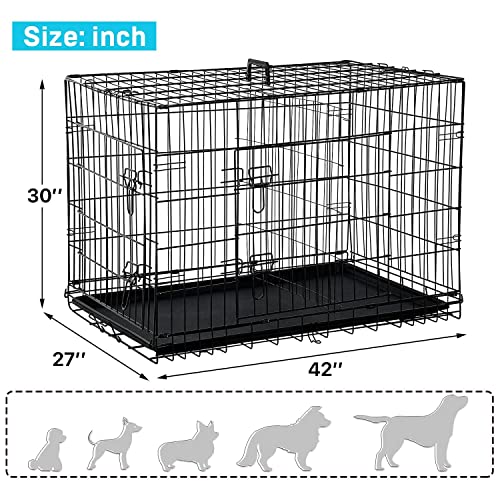 42 Inch Dog Crate Large Double-Door Dog Kennel With Plastic Tray & Divider, Indoor Outdoor Folding Xl Dog Cage Pet House #TOP1