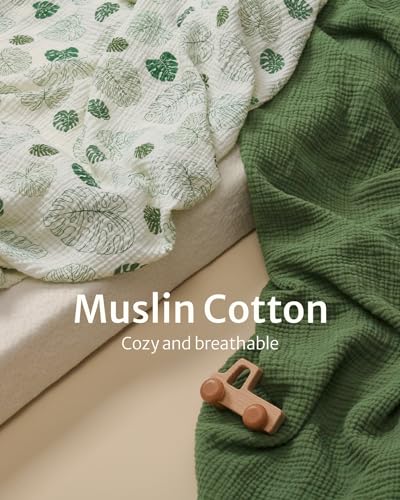 Image of Blissful Diary Muslin Mini Crib Sheets, Pack and Play Mattress Sheets Fitted for Pack N Play, Soft Cotton for Boys Girls, 2 Pack(Monstera&Dark Green) | fitted for pack n play, soft and breathable cotton, boho style, easy care for machine wash, gifts for boys and girls