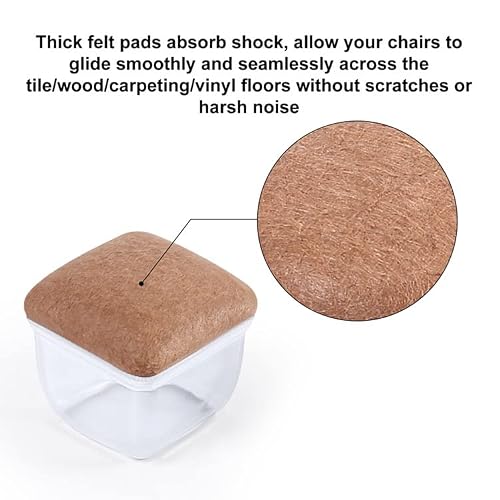 24 PCS Clear Square Silicone Chair Leg Floor Protectors with Felt, Floor Protectors for Chair, Felt Furniture Pads, Chair Leg Caps Covers, No Scratches and Reduce Noise (Fit: 1.1\'\'–1.45\'\', Clear)