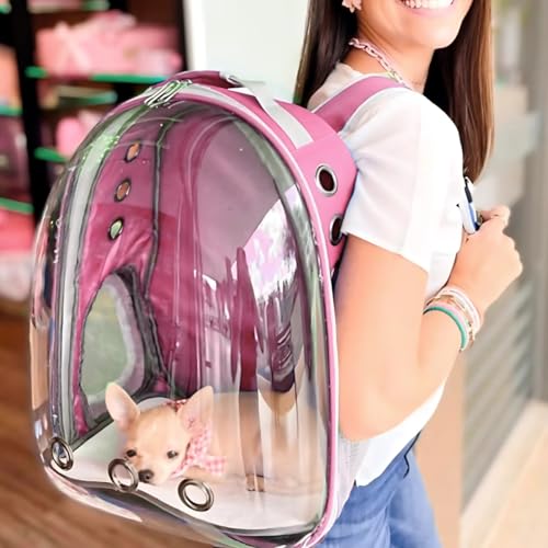 Mochila De Transporte Para Pets Rosa Cachorros E Gatos Com Ventilação Transparente E Visão Panorâmic