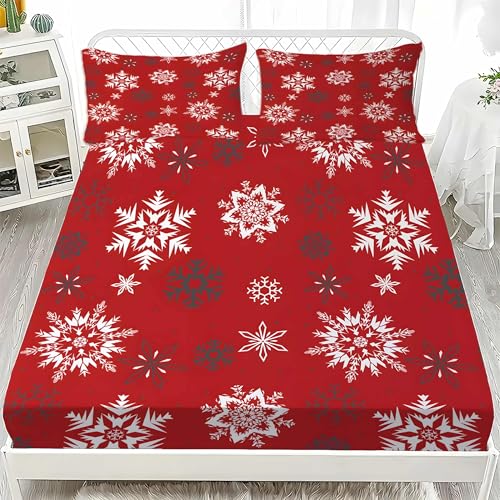 雪の結晶ワイドキング シーツクリスマスベッドカバー柔らかい通気性マイクロファイバー 3点セット防ダニ高反発 吸水 速乾 抗菌 防臭 防ダニと 2 枕カバー43x63 cm着脱簡単 丸洗い可能 マットレスカバー200x200x30 cm