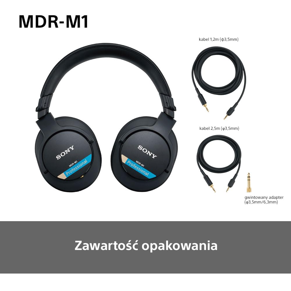 Sony Mdr-M1 Słuchawki Studyjne Zamknięte, Przewodowe, Szerokopasmowe (5 Hz–80 Khz), Optymalne Do Nagrywania i Miksowania w Studio, Lekkie (216G), w Zestawie 2 Optymalnej Klasy Odłączane Kable, Czarne