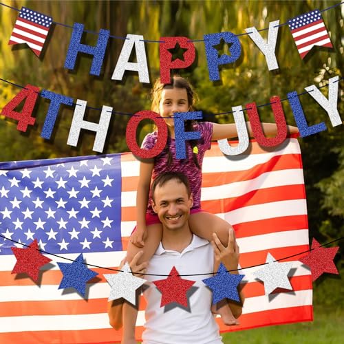Image of 4th of July Banner Red White Blue Glitter Happy 4th of July Banner and Star Garland for Independence Day Memorial Day Patriotic Party Decorations