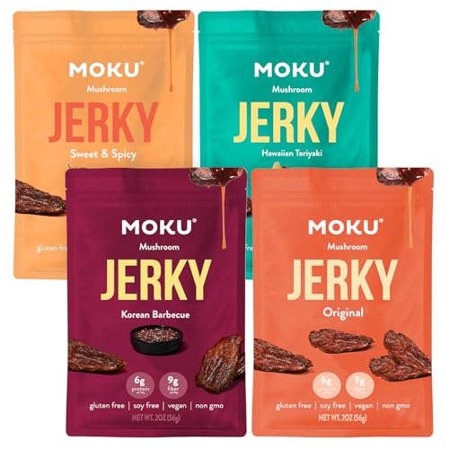 Moku Plant-Based Mushroom Jerky, Vegan, Gluten Free, Soy-Free, Non-Gmo, No Artificial Sweetener, Healthy Snacks, 2.0 Oz Ea (4 Count, Variety)