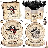 120pcs Pirate Party Supplies Pirate Birthday Plates and Napkins With Paper Cup Treasure Map Napkins Adventure Party Supplies for Pirate Birthday Party Disposable Tableware Set Serve 24 Guests