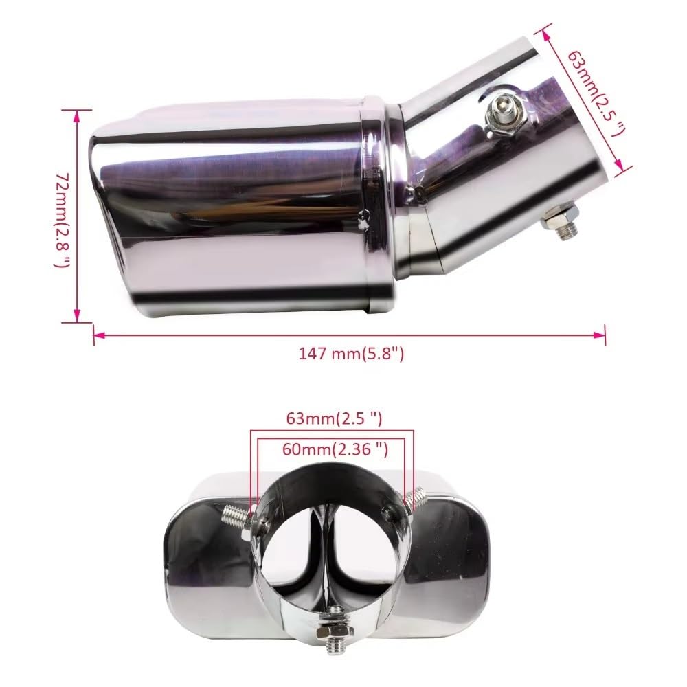 Tubo Escape Trasero Tubo Escape Coche Acero Inoxidable, Boca Cuadrada Doble Salida, Plateado, Puntas 1,5 "-2,36", Silenciador 38MM-60MM Boquilla Escape