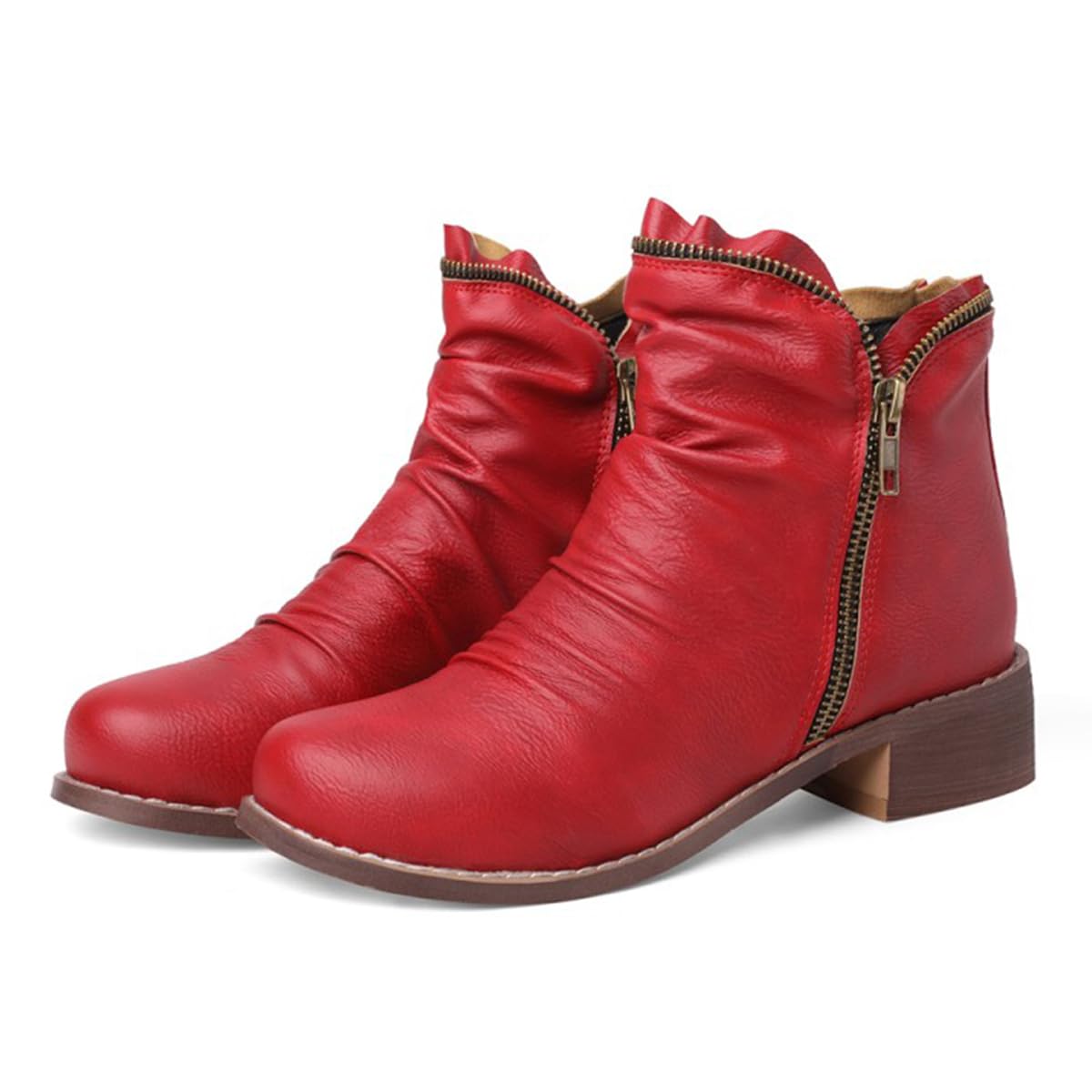 Alyaafifa Comfortable Low Block Heel Ankle Booties for Women Closed Round Toe Slouch Short Boots Leather Winter Casual