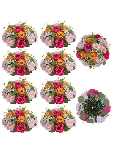 BLOSMON Wedding Flower Centerpieces for Tables: 10 Pcs Pink and Orange Party Decorations - Fake Rose Baby Breath Flowers Balls for Centerpieces - Artificial Silk Floral Arrangement