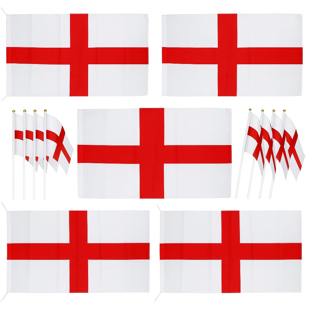 England Football Decorations World Cup 2026 X5 St George England Flags with String 76cm x 50cm PLUS x8 Hand Flags with Sticks 12” x 8”