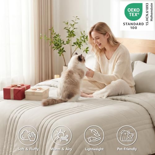 Image of CozyLux Full Size Comforter Sets Beige - 7 Pieces Bed in a Bag, Modern Vertical Quilted Room Decor, Soft All-Season Bedding Gift with Comforter, Sheets, Pillowcases & Shams