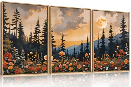 Image of KAIRNE Mountain Wildflower Landscape Framed Canvas Wall Art Set,Vintage Moon Pine Tree Wall Decor,Rustic Forest Art Prints,Retro Scenery Artwork for Living Room,Bedroom,Farmhouse,Office-16 x24 x3