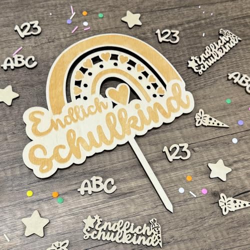 Tortendeko Einschulung, 1 Stück Endlich Schulkind Cake Topper Holz & 26 Stück Holz Schultüte ABC 123 Streudeko Tischdeko Schulanfang, Schulkind 2025 Mädchen Junge Kuchen Deko Einschulung Geschenk