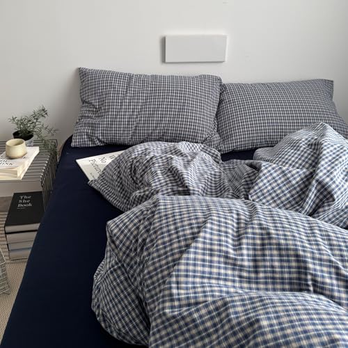 Image of VM VOUGEMARKET Blue Plaid Gingham Duvet Cover King 3 Pieces Checkered Grid Duvet Cover 100% Washed Cotton Boys Men Comforter Cover with Zipper Closure 2 Pillowcases Luxury Soft Breathable Bedding Set