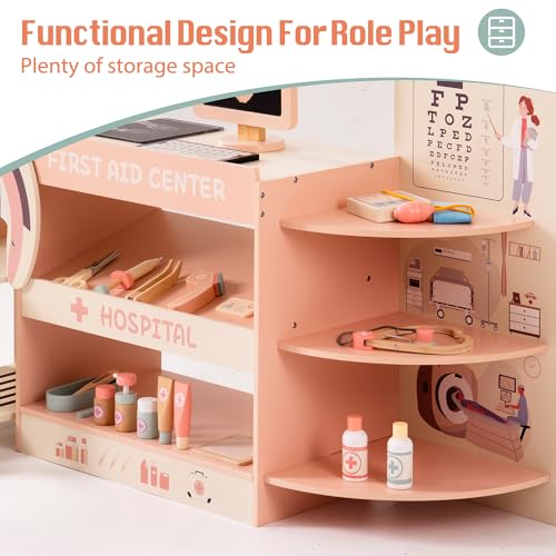 ROBOTIME Wooden Kids Doctor Kit, Pretend Play Medical Center Playset with Realistic Medical Station, Role-Playing Doctor Toy for Toddlers, Play Doctor Set for Boys and Girls