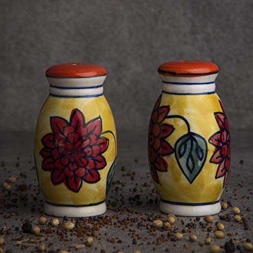 Image of HS HINDUSTANI SAUDAGAR Phoolkari Spice Salt and Pepper Ceramic Salt Shaker dispensers Set of 2(50ml Each) Spice Container & Sprinkler for Dinning Table Kitchen Ideal for Home Daily use and Gifting.