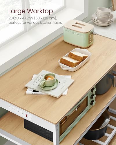 Image of VASAGLE Kitchen Island with 3 Shelves, Kitchen Shelf with Power Strip, 23.6 x 47.2 x 34.9 Inches, Large Worktop, Steel Structure, Industrial, Easy to Assemble, Oak Color and White UKKI101Y01