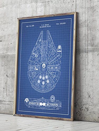 Inked and Screened Star Wars Millennium Falcon Design Patent Art Poster 18" x 24" Silk Screen Print, Blue