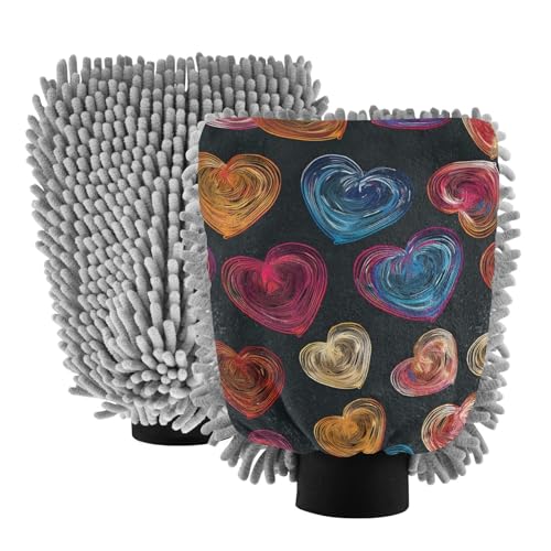 IOACIY Absorbent Microfiber Car Wash Drying Mitts, 2 Pack, Scratch-Free & Lint-Free, Rich Foam, Highly Absorbent, Double Sided, Wash Mitt Perfect for Car Washing, M, Heart (2)