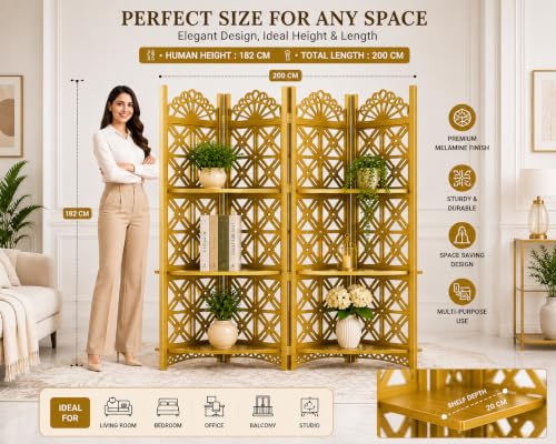 Image of Wooden Partition Divider for Living Room, Partition Wall, Privacy Divider, Freestanding Folding Panels (6 feet 5 Panel with Shelf) (6 Feet 4 Panel with 3 Shelf Golden)